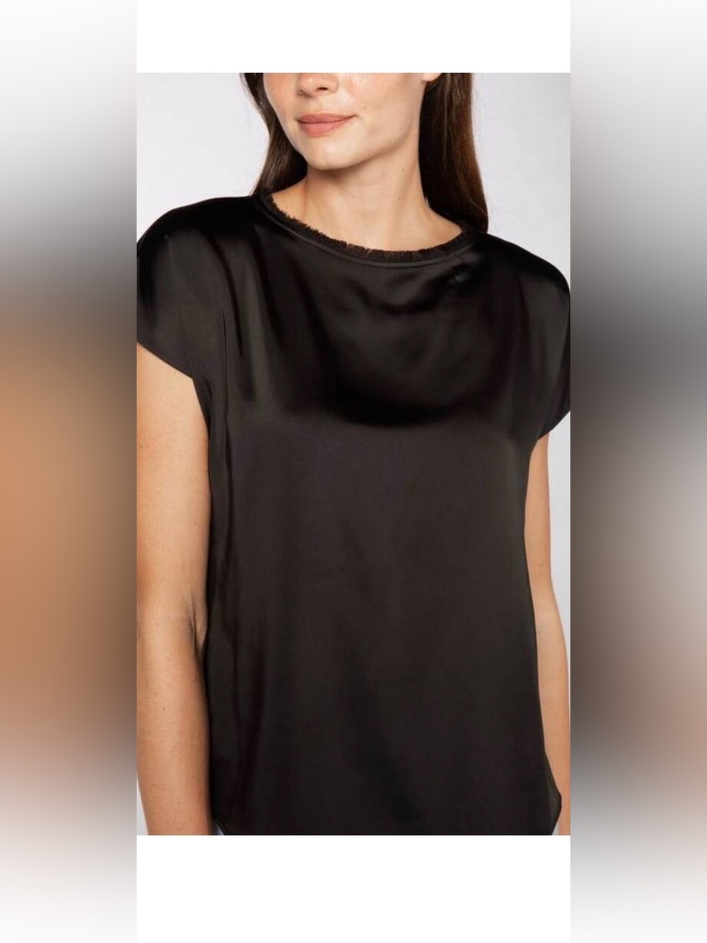 Sedge Astor women’s large loose fit silky black cap sleeve blouse fringe neck